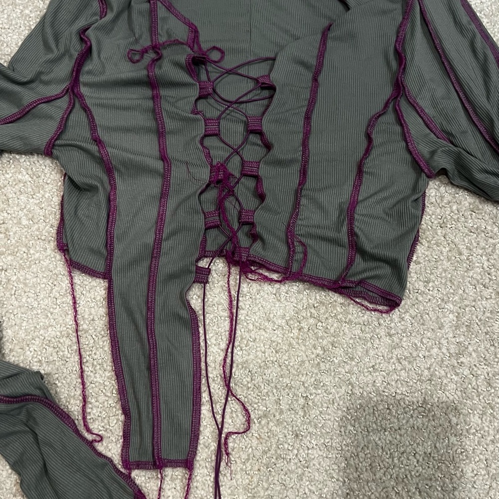 Lace-Up Long Sleeve Top - Green  and Purple